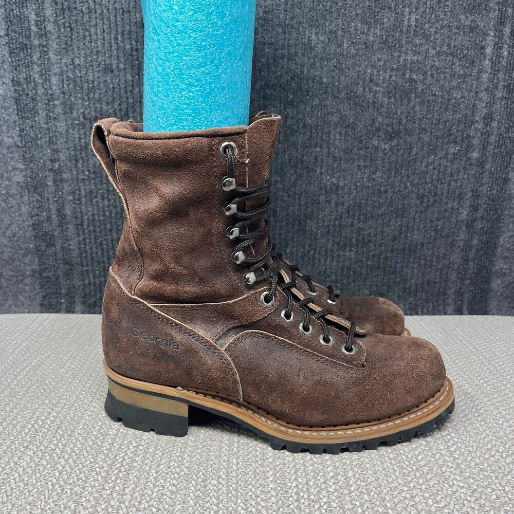 Georgia Logger Boots Suede Combat Lug Sole Brown Work Mens 8 M